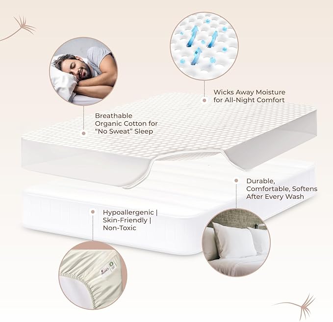 100% Cotton Organic Mattress Pad - Breathable & Cooling Mattress Protector Full Size - Premium 300GSM Quilted and Machine Washable - Fairtrade & GOTS Certified Bed Protector (Ivory, Full)