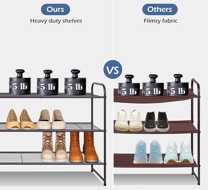 KEETDY Long 3 Tier Shoe Rack for Closet Wide Shoe Storage Organizer Stackable Metal Shoe Shelf for 24 Pairs Men Sneakers with Wire Grid for Closet Floor, Bedroom, Entryway, Bronze - Image 3