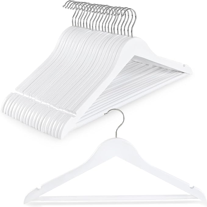 TOPIA HANGER Wooden Coat Hangers 20 Pack, White Wood Suit Hangers with Non Slip Pants Bar, 360° Swivel Hook and Shoulder Notches for Camisole, Jacket, Pants, Smooth Finish Clothes Hangers - CT34W20 by TOPIAHANGER