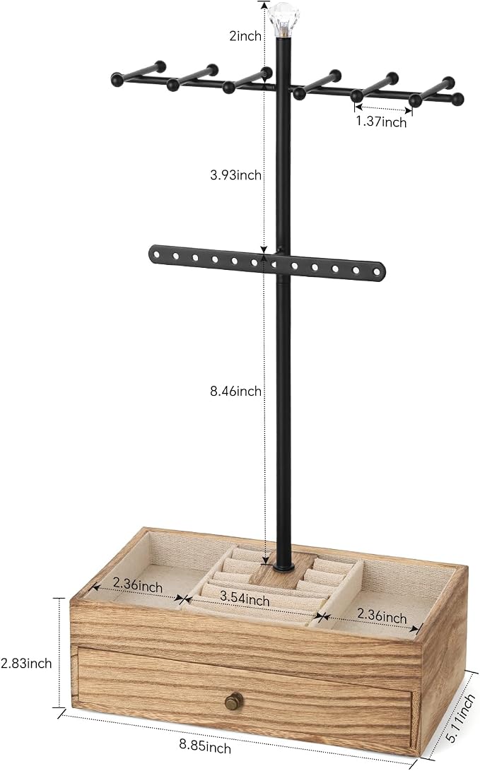 Meangood Jewelry Organizer Stand, 3-Tier Necklace Holder Jewelry Tree with Wooden Storage Drawer Box for Necklace Bracelet Earring Ring, Carbonized Black - Image 7