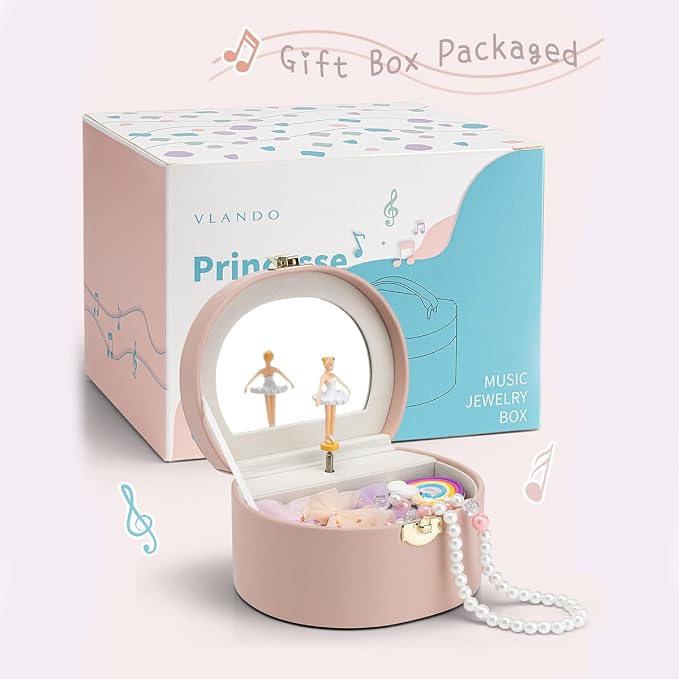 VLANDO Musical Jewelry Box for Girls, Small Kid Music Box with Ballerina for Party Bedroom Decor, Bithday Gift for Girl - Pink - Image 7