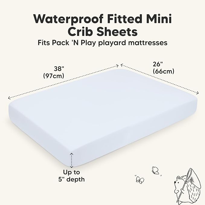 2-Pack Waterproof Pack and Play Sheets, Mini Crib Sheets Fitted for Boy, Girl - 38 x 26 Viscose from Bamboo Pack N Play Mattress Sheets for Graco, Toddler Playard Baby Crib Sheets Neutral (Blue Flax)