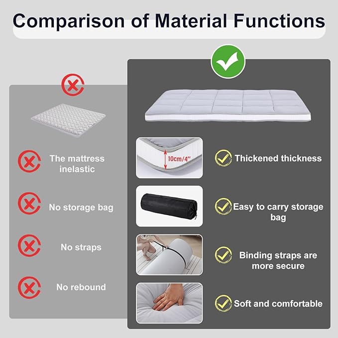 Tiita Japanese Floor Mattress Futon Mattress 4” Thick Folding Roll Up Sleeping Pad with Bag & Strap, Bed Topper Mat for Guest, Lounger and Travel, Grey,Full Size