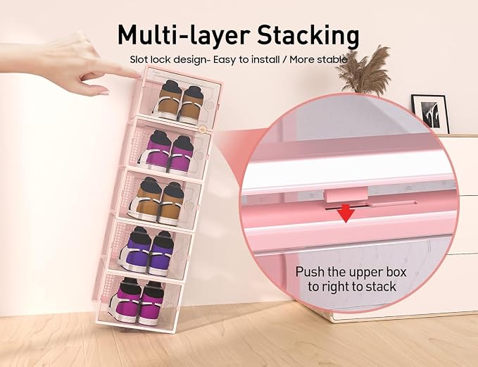 Kuject X-Large Shoe Storage Boxes Organizers Clear Plastic Stackable 12 Pack, Shoe Rack & Holder Substitute, Sneaker Containers, Toy Storage Organizer Bins for Entryway, Closet, Under Bed, Pink - Image 3