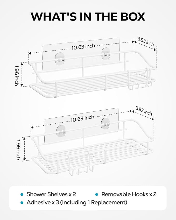 Nieifi Shower Caddy Shelf with Hooks Storage Rack Organizer Adhesive Stainless Steel Without Drilling for Bathroom, Lavatory, Washroom, Restroom, Shower, Toilet, Kitchen - 2 Pack (White) - Image 7