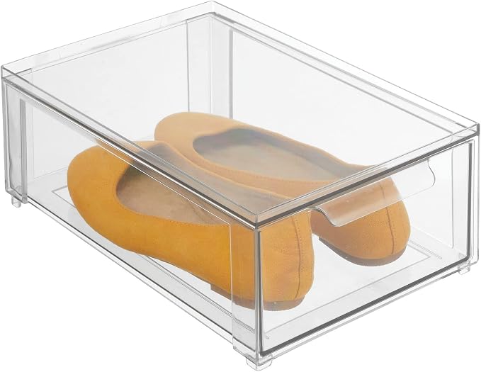 mDesign Plastic Closet Organizer Bin w/Pull Out Drawer - Shallow Stackable Storage for Closet - Organization for Shoes, Clothes, Bags, Totes, and Small Linens - Lumiere Collection - Clear by mDesign
