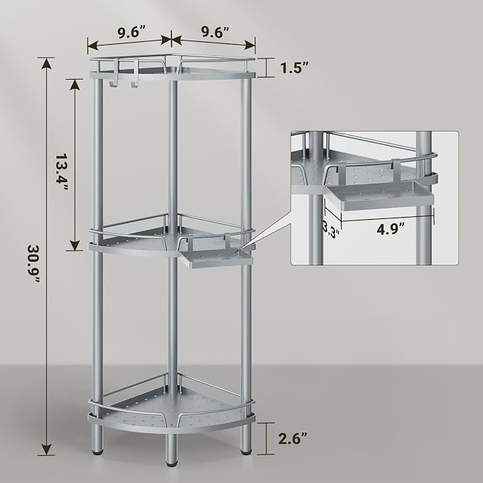 ELYKEN Corner Shower Caddy Standing, 3 Tier Rustproof Metal Shower Organizer with Soap Holder, Floor Shower Corner Shelf Rack Storage Stands with Adjustable Feet & 2 Hooks for Bathroom, Silver - Image 2