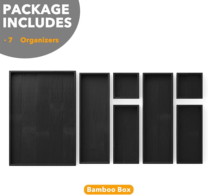 SpaceAid 7-Piece Bamboo Drawer Organizer Storage Boxes Set, Wood Tray Junk Drawer Organizers Multi-Use Divider Bins for Kitchen, Bathroom, Office Desk and Makeup Organization (7 Pack, Black) - Image 6