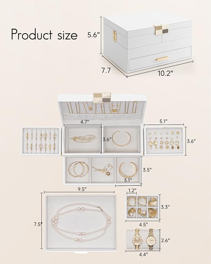 Vlando 3 Layer Jewelry Box - Women Jewelry Box with Retractable Tray - Jewelry Organizers with Drawer for Necklaces, Rings, Bracelets, Earrings, Gift for Couples Mom Girls - White - Image 5