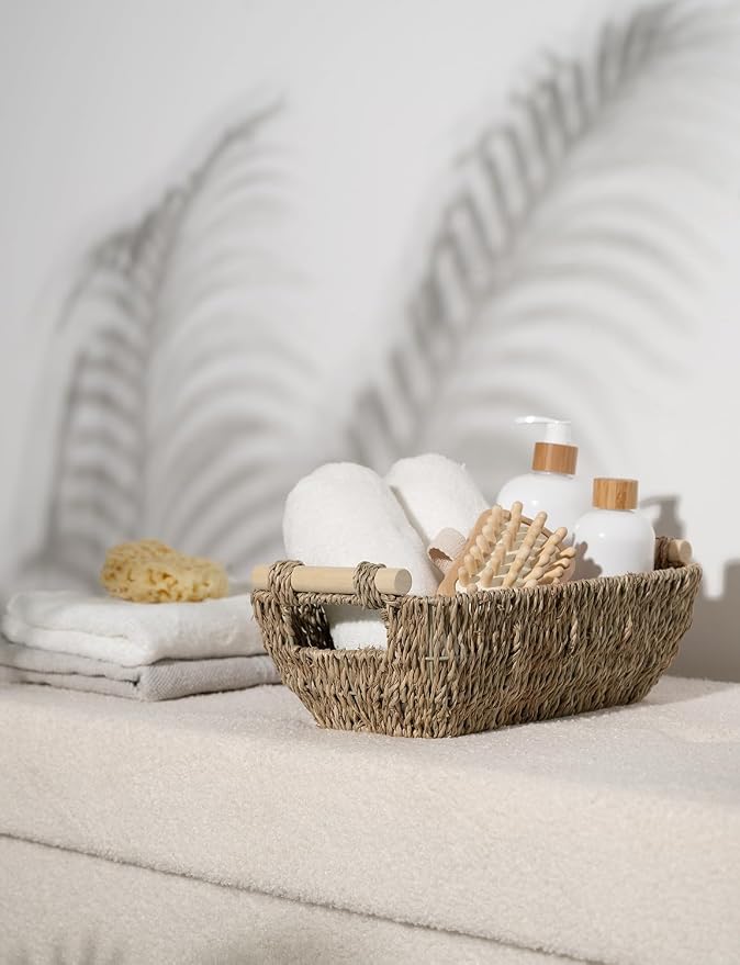 StorageWorks Small Baskets for Shelf, Seagrass Woven Basket with Wooden Handles for Gifts, 2-Pack - Image 6