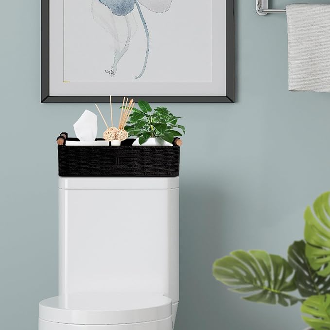 Round Paper Rope Storage Basket Wicker Baskets for Organizing with Handle Decorative Storage Bins for Countertop Toilet Paper Basket for Toilet Tank Top Small Baskets Set,Black - Image 5