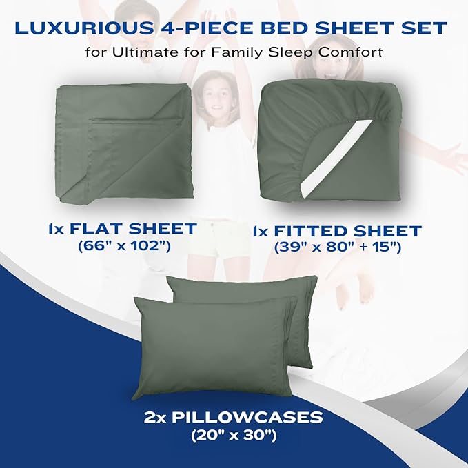 DREAMCARE Twin XL Sheet Sets - 4 pcs Breathable Cooling Bed Sheets - up to 15" Deep Pocket Twin XL Sheets Set with Side Pockets - Extra Soft 100% Brushed Hypoallergenic Hotel Luxury Bedding Sage Green