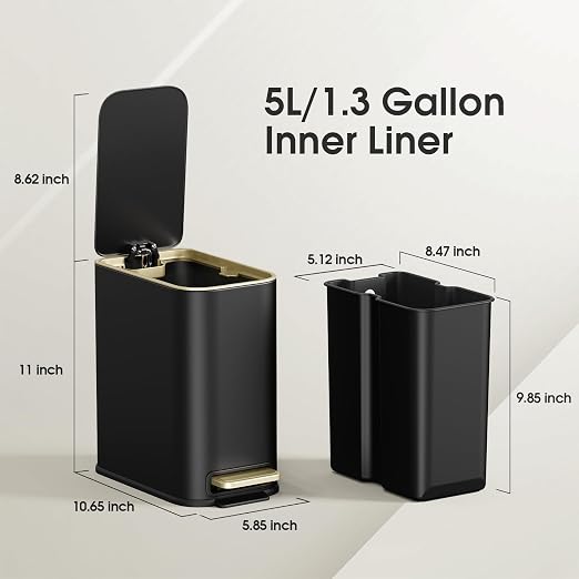 Small Bathroom Trash Can with Lid Soft Close, 5L / 1.3 Gallon Slim Garbage Can with Removable Inner Bucket, Step Stainless Steel Trash Bin for Office, Bathrooms, Bedroom, Living Room (Black) - Image 3
