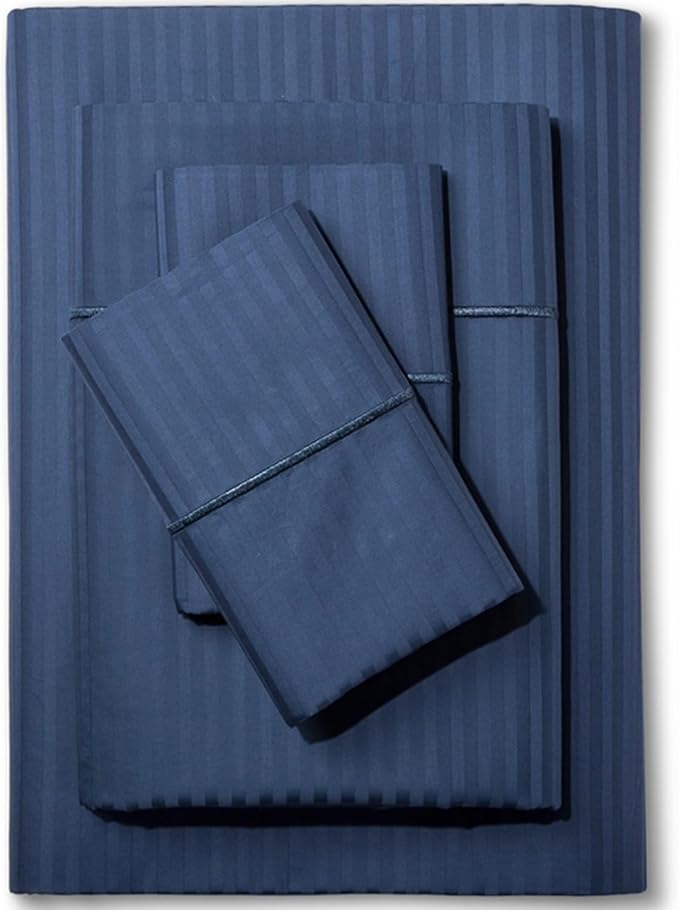 Feather & Stitch 500 TC King Size Damask Bed Sheet Set, 100% Cotton Soft Breathable Bedsheets, 4 Piece 18" Deep Pockets Sateen Weave Striped Bedding Mattress Resort Hotel - (Dark Blue Stripe)