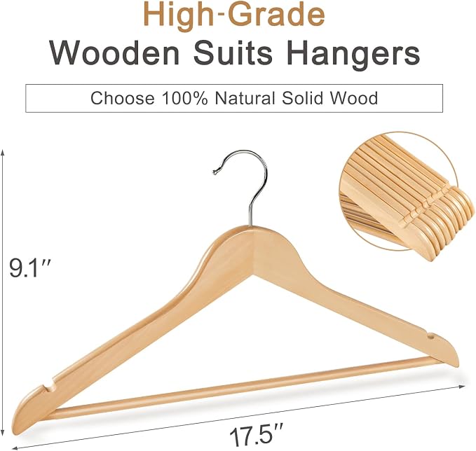 TOPIA HANGER Wooden Coat Hanger 20 Pack, Natural Wood Suit Hangers with Non Slip Pants Bar, 360° Swivel Hook and Shoulder Notches for Camisole, Jacket, Pants, Smooth Finish-CT34N20 - Image 2