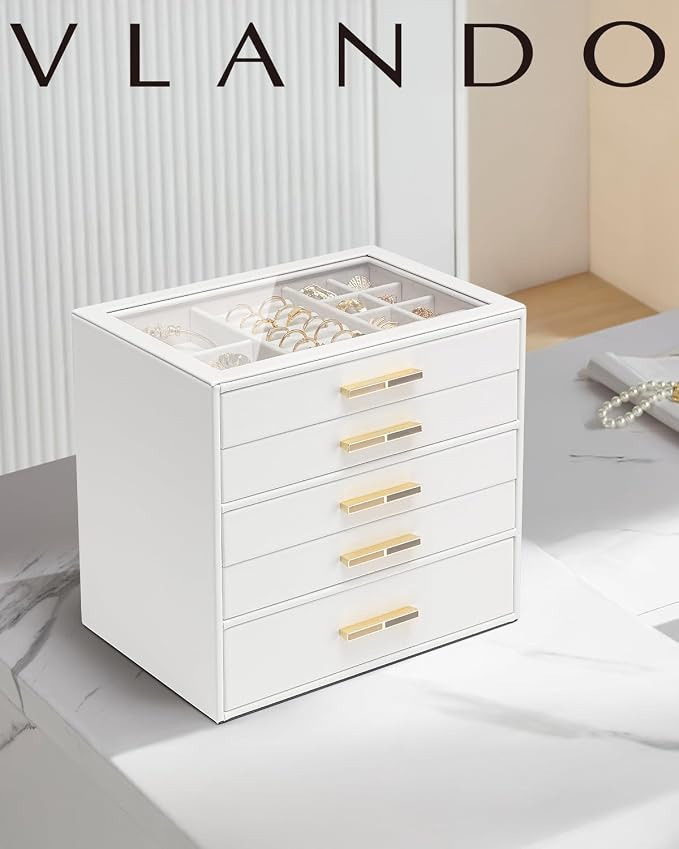 VLANDO 5 Layer Jewelry Box for Women, Glass Lid Jewelry Organizer with 5 Drawers for Necklaces Rings Earrings Bracelets - White - Image 2