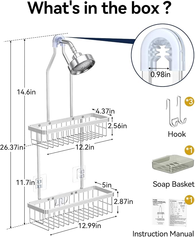 YASONIC Shower Caddy Hanging, Never Rust Shower Organizer Hanging, Aluminum Shower Racks for Inside Shower with Hooks for Razor, Bathroom Organizers and Storage with Soap Holder, Bright Silver - Image 2