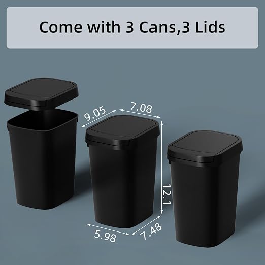 KSSKSS 3 Pack Bathroom Small Trash Can with Lid, 2.6 Gallon Slim Garbage Bin with Pop-Up Lid, 10L Plastic Wastebasket for Bedroom, Office, Kitchen, Toilet (Matte Black) - Image 6