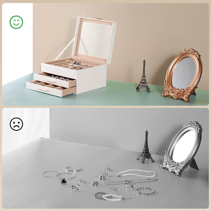 Somduy Jewelry Box Organizer for Women,3 Layers Jewelry Storage Display Box with Glass Lid,Gift for Christmas,3 Drawers,Large Capacity for Necklace Earrings Bracelets Rings,White - Image 7