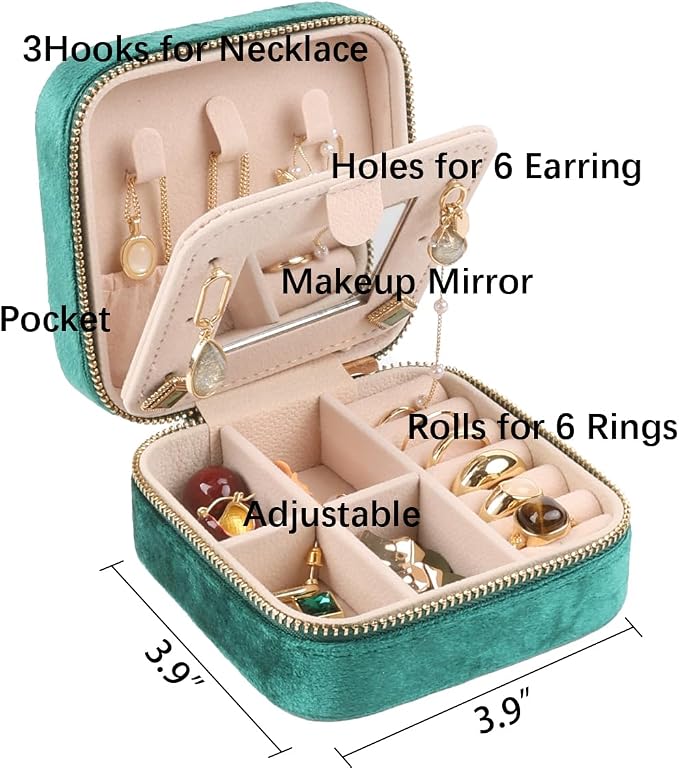 OceeK Plush Velvet Jewelry Box,Travel Jewelry Case and Organizer with Mirror,Jewelry Box for Women Girls,Green,1 Pack - Image 2
