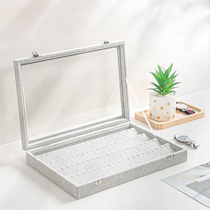 Coward Earring Organizer Tray Box, Grey Beige Velvet Earring Jewelry Display Storage Tray Case with Transparent Glass Lid for Home Drawer or Shop Selling - Image 5