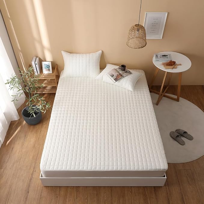 Quilted 100% Cotton Mattress Cover – 6 Colors, Machine Washable, Breathable & Stretchy, Fits up to 16-Inch Deep, Twin/Full/Queen/King (Ivory, Full)