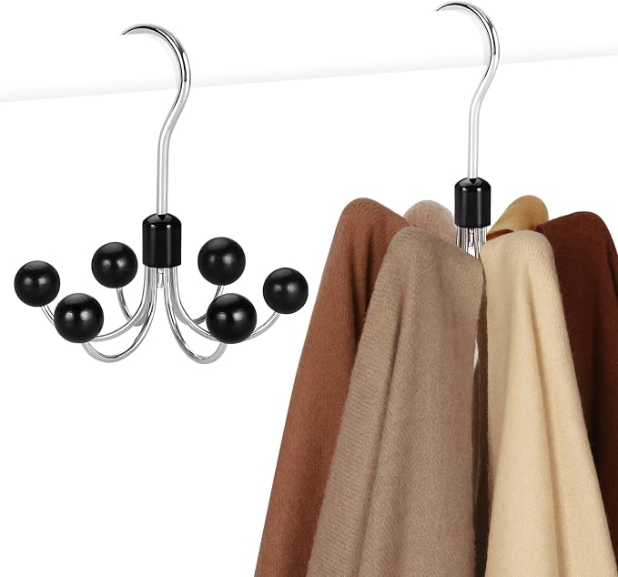TOPIA HANGER Hoodie Hangers 2-Pack with 6 Wood Balls, 360°Swivel Purse Hanger, Scarf Hanger, Closet Hooks, Handbag Organizer, Bra Hanger, Accessory Organizers for Scarf, Tanktop, Hat, Hoodie CT43B by TOPIAHANGER