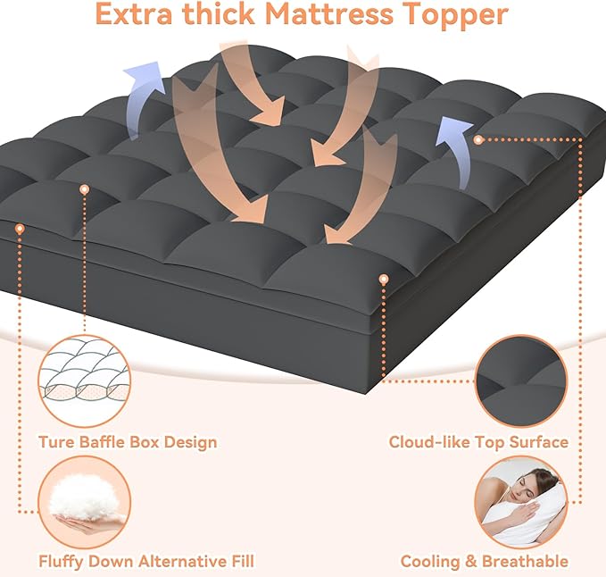 Topllen Queen Mattress Topper for Back Pain Relief, Extra Thick Pillow Top Plush Mattress Pad with Deep Pocket, Soft Pillowtop Queen Size Bed Toppers Filled Fluffy Down Alternative, Gray