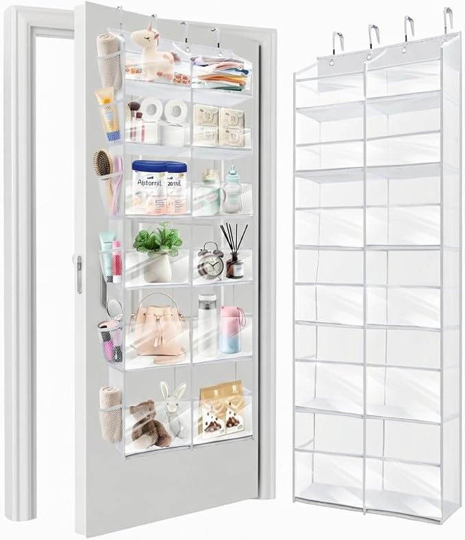 HOMELUX THEORY UPGRADED 6 Tiers Over The Door Organizer Hanging - 100D EXTRA THICK & 50lbs HUGE CAPACITY, 12 Side Mesh Pockets Over The Door Shoe Organizer, Hanging Closet Organizer (Transparent, XL) by HomeluxTheory