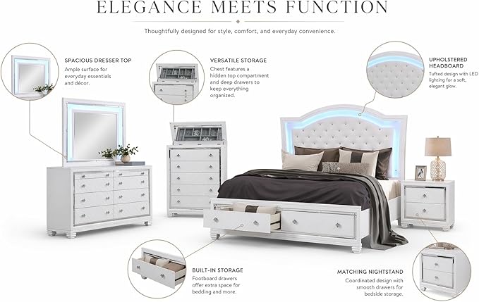 First of a Kind Shiney Contemporary 5 Piece King Bedroom Set High Gloss White Finish with Upholstered Headboard, Sleek Modern Bedroom Furniture Set for Coordinated Interiors