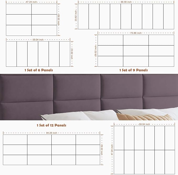 IFNOW Wall Mounted Upholstered Headboard Queen, 3D Peel and Stick Soundproof Panels, Reusable and Removable Padded Leather Bed Headboard, 9 Panels 9.84" x 23.62", Dark Purple