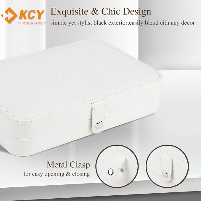 KCY Jewelry Box for Women Girls,Small Travel Jewelry Organizer Case,PU Leather Portable Jewellery Storage Boxes Display Holder for Ring Earrings Necklace Bracelet Bangle, Men Teen Kids Gift, White - Image 5