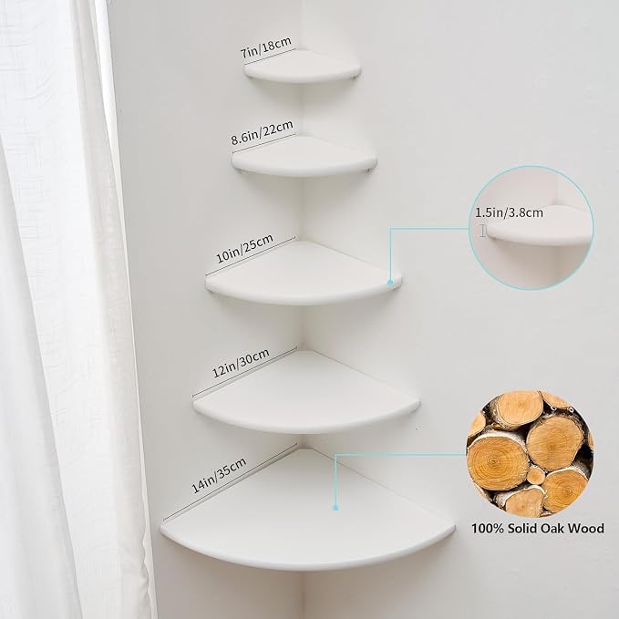 Corner Shelf, Solid Oak Wood Floating Corner Shelf Wall Mount Round End Floating Speaker Shelves with Wire Hole for Small Plant Photo Frame for Bedroom Kitchen, Living Room (White, 8.7in) - Image 5