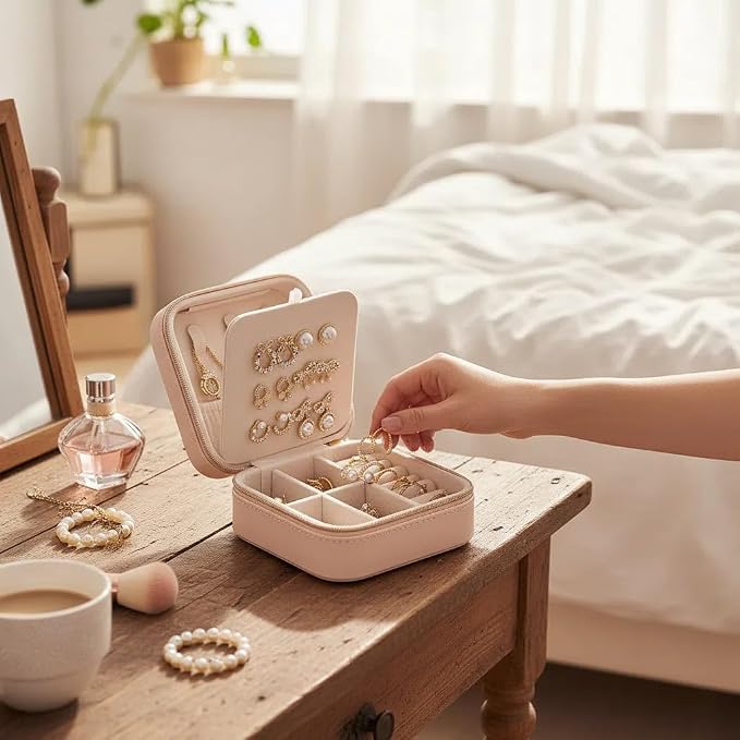 Travel Jewelry Box, PU Leather Small Jewelry Organizer for Women Girls, Portable Mini Travel Case Display Storage Holder Boxes for Stud Earrings, Rings, Necklaces (Apricot color) - Image 4