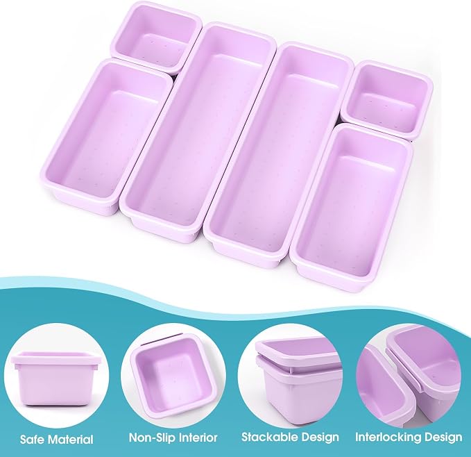 6 PCS Drawer Organizer Set, 3 Size Makeup Drawer Divider Organizer With Non-Slip Pads, Interlocking Plastic Storage Bins for Office,Jewelry Vanity,Gadgets, Bathroom,Kitchen, Purple - Image 3