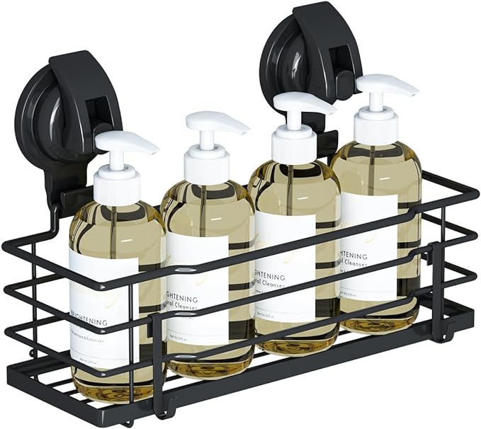 TESOT Suction Cup Shower Caddy, Shower Shelf Soap Dish with Hooks for Razor, Sponge, Rust Proof 304 Stainless Steel, Black by TESOT
