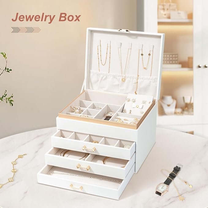 Jewelry Box for Women,4-Layer Leather Jewelry Holder Organizer with 3 Drawers Large Jewelry Storage Boxes, Lots of Storage Space For Ring,Necklace,Bracelets,Earring（White） - Image 2