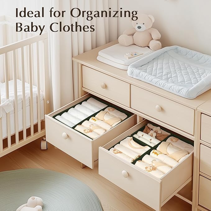 DIMJ Drawer Organizers Clothes, Set of 16 Dresser Organizer Bins, Fabric Closet Organizers and Storage, Shallow Drawer Dividers for Nursery, Clothing, Baby Clothes, Socks, Underwears, Tie (Green) - Image 5