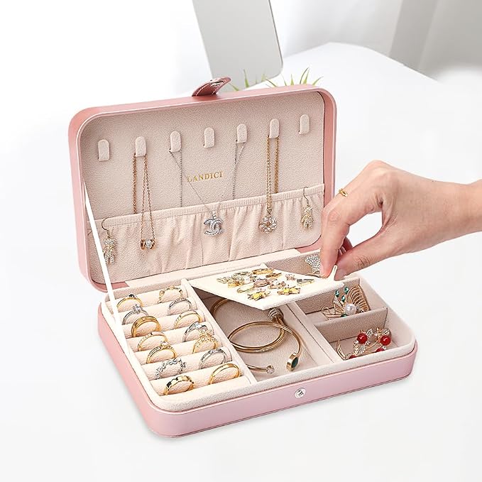 LANDICI Small Jewelry Box for Women Girls, PU Leather Travel Jewelry Case, Portable Jewelry Organizer Storage Holder Display for Ring Earrings Necklace Bracelet Women Kids Gift, Rose Gold - Image 3