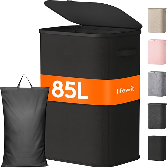 Lifewit 85L Large Laundry Basket with Lid, Laundry Hamper with Plastic Handles and Removable Bag, Foldable Tall Dirty Clothes Hampers for Laundry for Laundry Room, Bedroom, Bathroom, Dorm, Black by Lifewit
