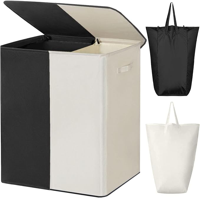 WOWLIVE Double Laundry Baseket with Lid and Removable Laundry Bags,154L Large Laundry Hamper 2 Section Collapsible Dirty Clothes Hamper for Laundry Room,College Dorm,Bathroom,Black and Beige by WOWLIVE