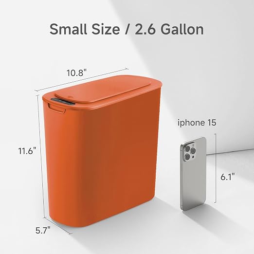 TIPGO Automatic Motion Sensor Bathroom Trash Can with Lid, 2.6 Gallon Touchless Trash Bin, Smart Garbage Can Plastic Slim Wastebasket for Bedroom, Office, Dorm (Orange) - Image 4