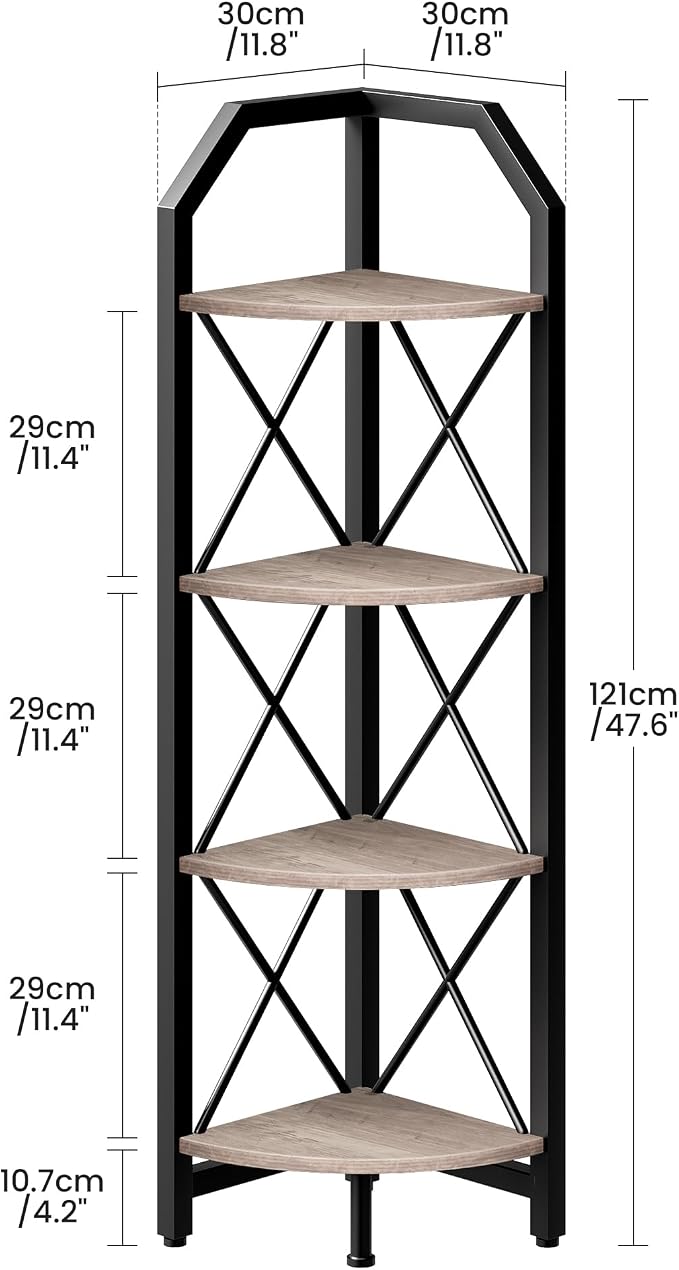 CHOEZON 4-Tier Corner Shelf, Industrial Corner Bookshelf, 47.6" Corner Storage Stand, Plant Stand Display Shelf, Corner Bookcase for Bedroom, Living Room, Home Office, Greige and Black TCJ09BG - Image 2