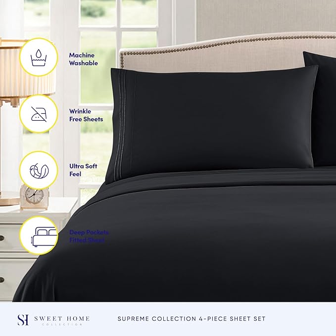 California King Sheet Sets - Breathable Luxury Sheets with Full Elastic & Secure Corner Straps Built In - 1800 Supreme Collection Deep Pocket Bedding, Sheet Set, EXTRA DEEP pocket - Cal King, Black