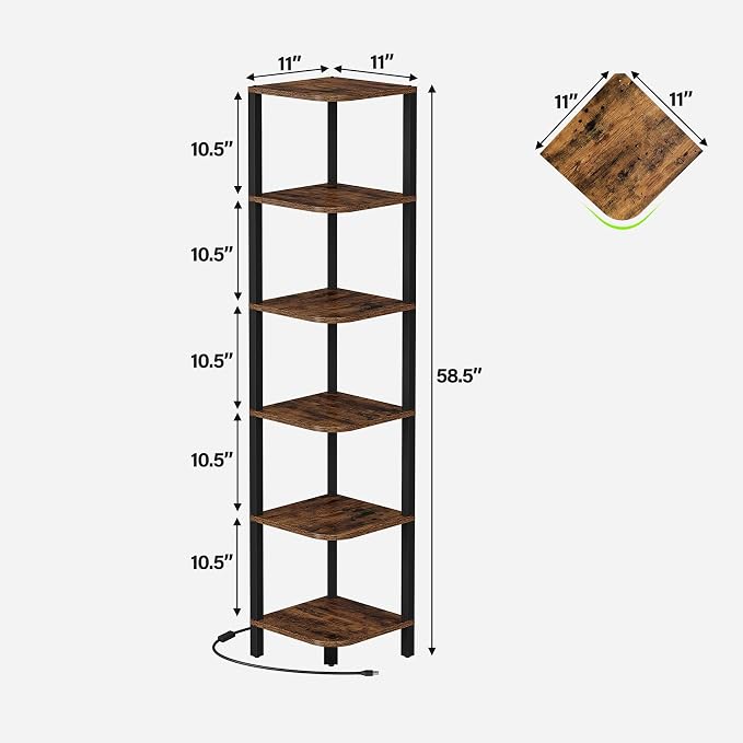 TUTOTAK Corner Shelf with LED Light, 6-Tier Corner Bookshelf for Small Space, Narrow Display Corner Shelf Stand with Storage Rack, for Living Room, Bedroom, Rustic Brown BS08BB006L - Image 2