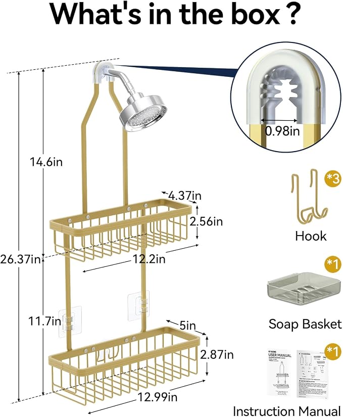 YASONIC Shower Caddy Hanging, Never Rust Shower Organizer Hanging, Aluminum Shower Racks for Inside Shower with Hooks for Razor, Bathroom Organizers and Storage with Soap Holder, Gold - Image 2