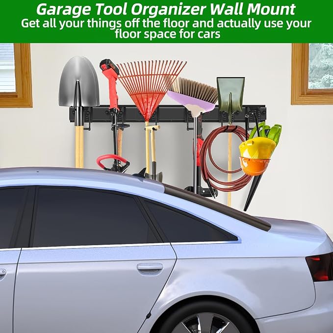PIYILO Garage Tool Organizer Wall Mount with 48 inches Rails and 6 Double-layer Hooks, Garden Tool Rack Heavy Duty, Garage Hanging Storage Rack For Yard Tools, Shovel, Shed - Image 9