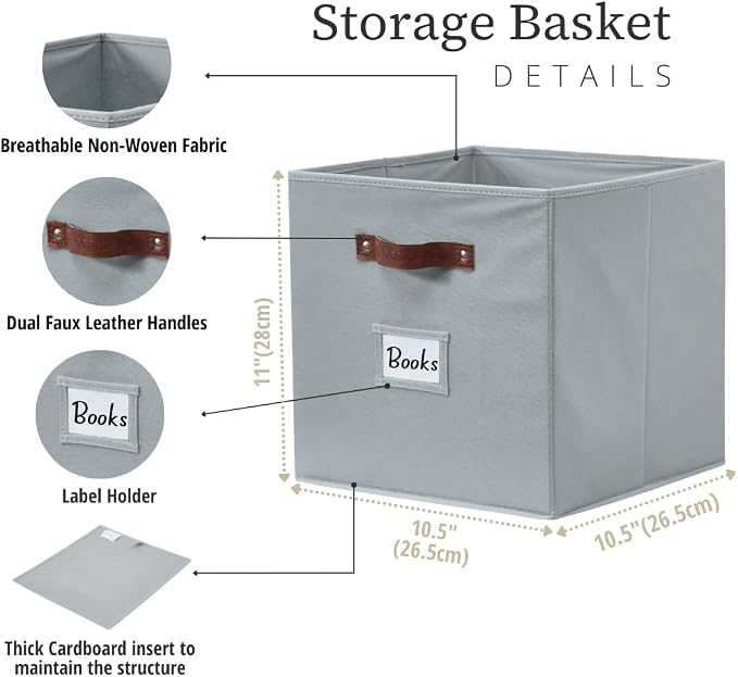 DECOMOMO Storage Bins, Cube Storage Bin with Labels, Fabric Storage Cubes for Shelves (10.5" x 11" / 6pcs, Grey) - Image 3