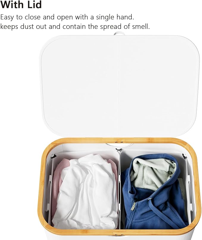 SpaceAid Double Laundry Hamper 2 Section with Lid and Removable Laundry Bags, 160L Clothes Basket with Bamboo Handles, Large Collapsible Hamper for Bedroom, Bathroom, Dorm, Laundry Room - White - Image 3