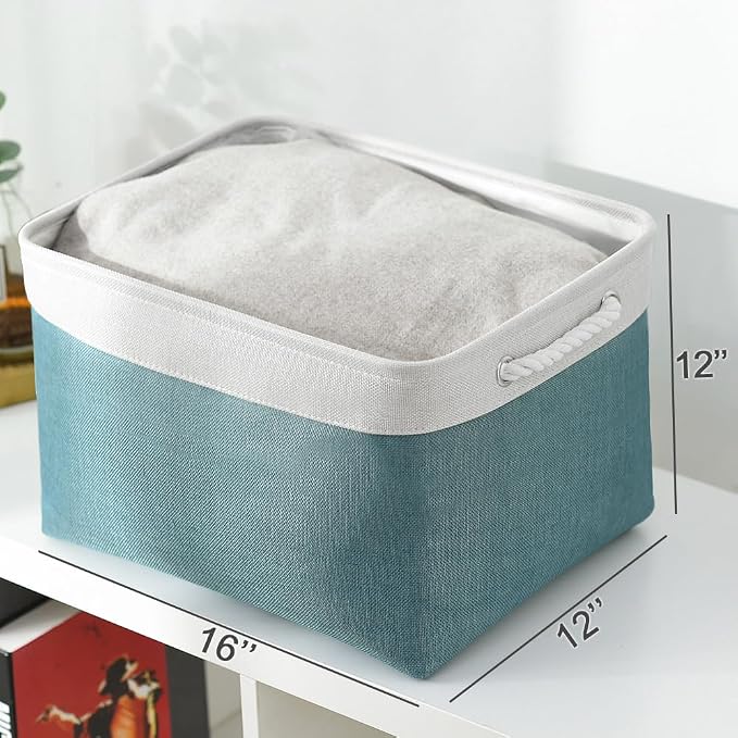 TheWarmHome Organization and Storage basket for Organizing - 3 Pack 16x12x12 inch Cube Storage Bin for Shelves, Fabric Storage Cubes for Organizer Cloth Closet Toy Box (White & Green) - Image 5